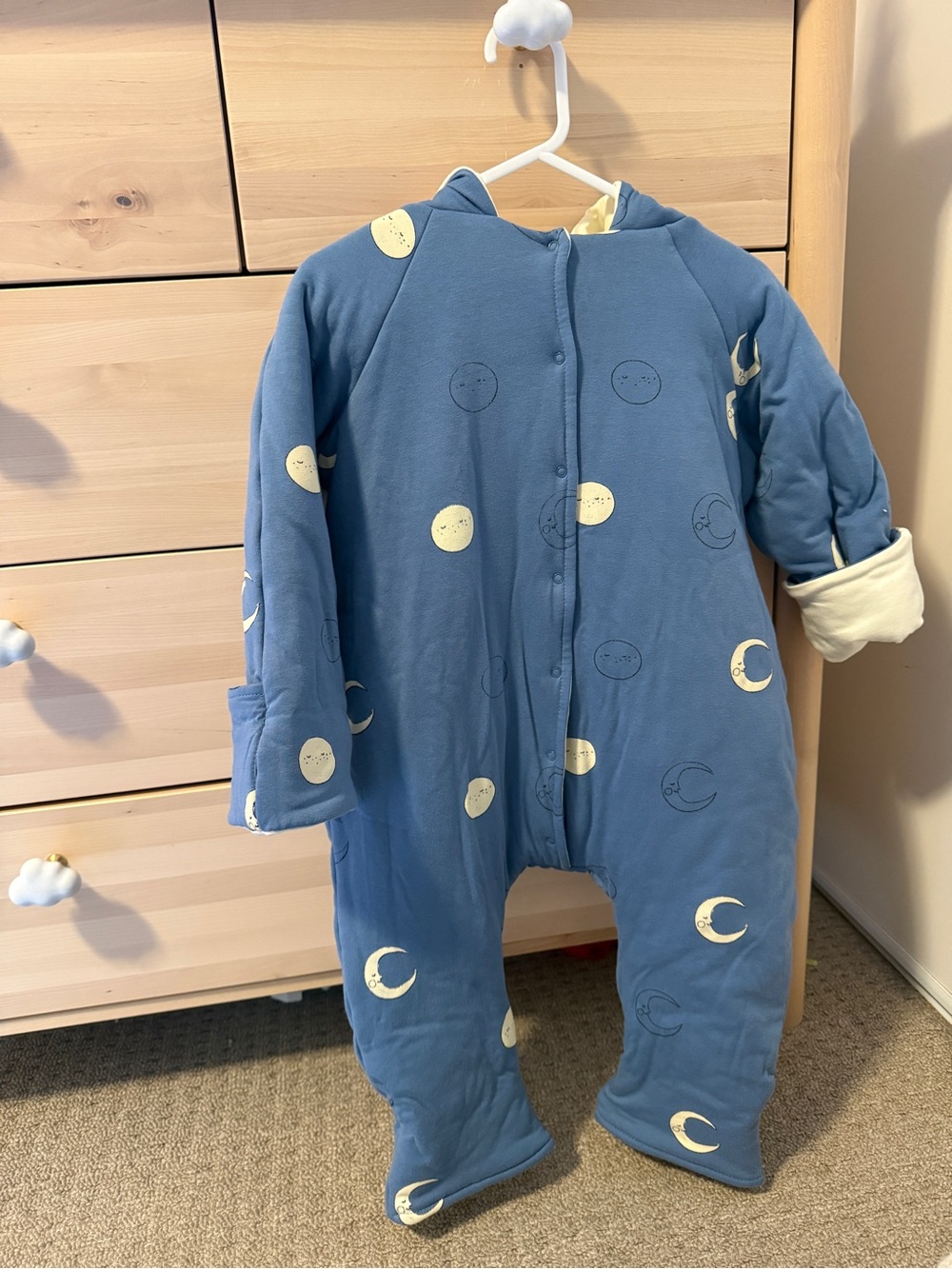 Soft Blue Moon Print Hooded Baby One-Piece
